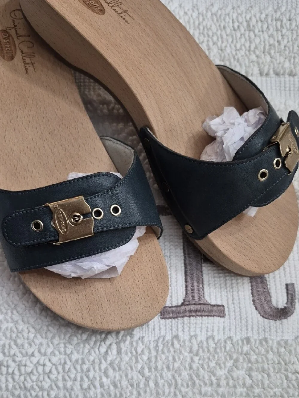 ORIGINAL COLLECTION/ DR. SCHOLLS Blue Leather Slide Sandals Gold Buckle 10 - Picture 2 of 12